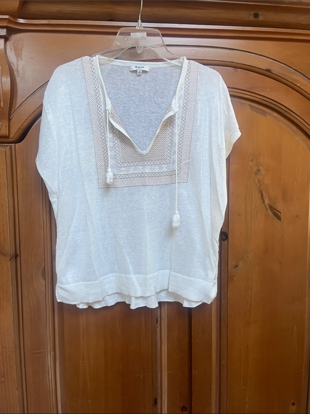 Madewell Cream Embroidered Tie-Neck Tunic Top